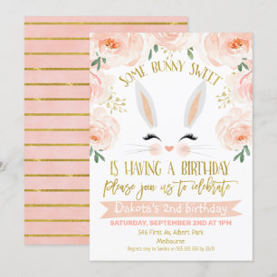 Blumenrosa Gold Bunny Face Birthday Einladung