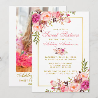 Blumenrosa Gold Sweet 16 Birthday Einladung - Foto