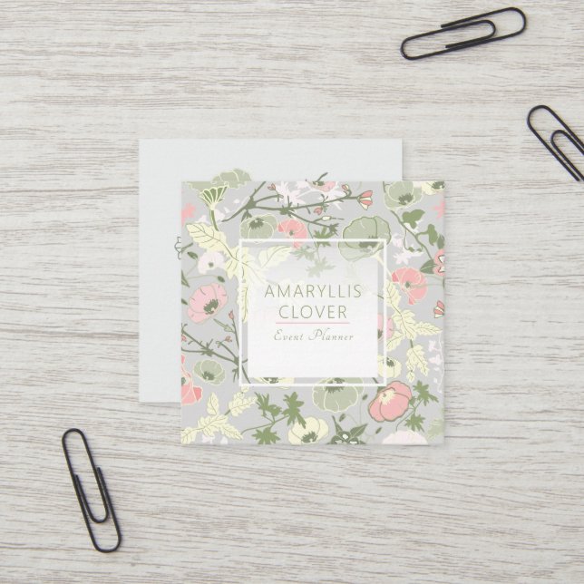 Blumenrosa Grünes graues Muster Quadratische Visitenkarte (Vorderseite/Rückseite Beispiel)