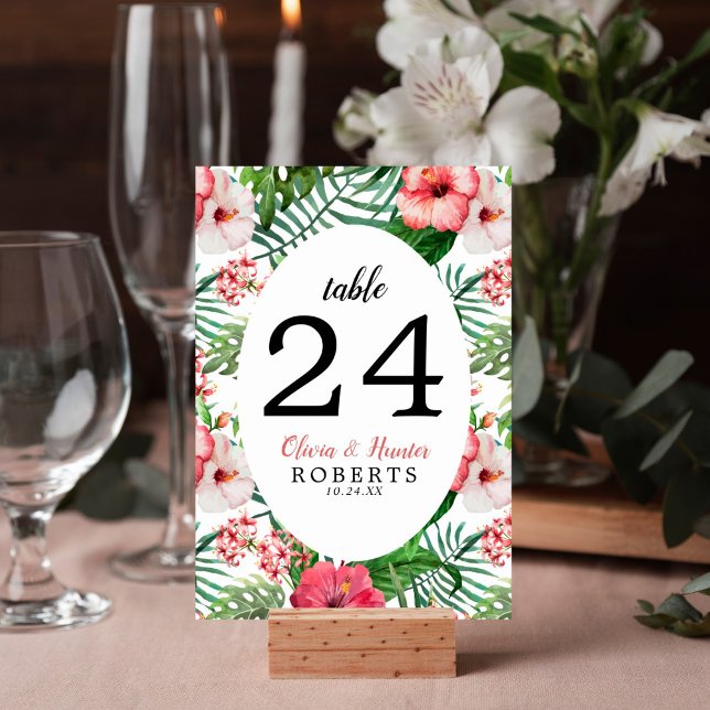 Blumenrosa Hibiskus Grünpalmenhochzeit Tischnummer (Tropical floral beach design on this table number card is perfect for your wedding reception decor.)