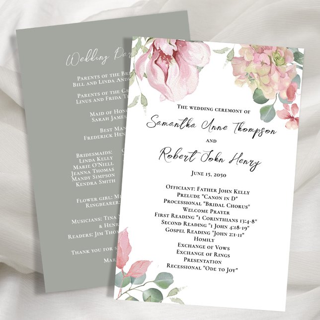 Blumenrosa Hochzeitsfeierprogramm (Wedding floral ceremony program template. )