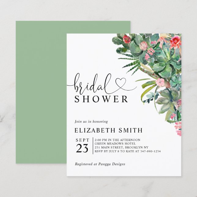 Blumenrosa Kaktus Haushalt Bridal Dusche Einladung (Vorne/Hinten)