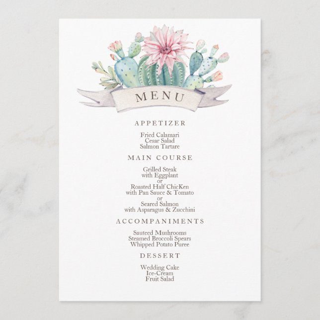 Blumenrosa Kaktus & Sukkulent. Botanische Hochzeit Menükarte (Vorderseite)