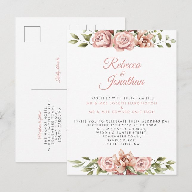 Blumenrosa Korallenhochzeit Einladung Postkarte (Vorne/Hinten)