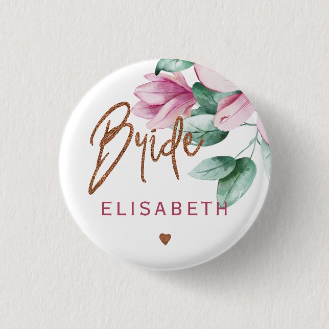 Blumenrosa Kupfertypografie-Brautparty Button (Vorderseite)