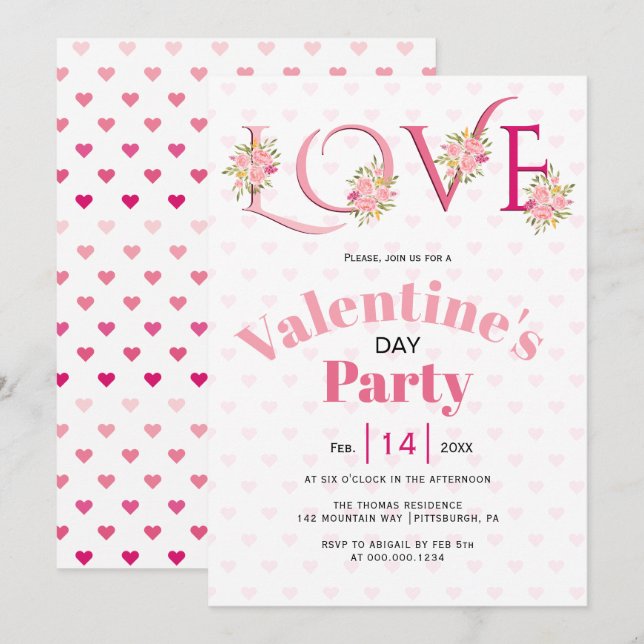 Blumenrosa LIEBE Herz Valentinstag Party Einladung (Vorne/Hinten)