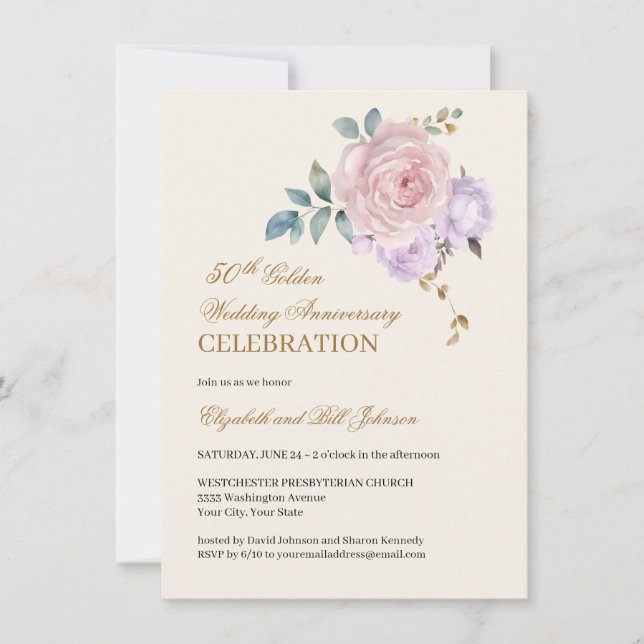 Blumenrosa Lila Gold 50. Hochzeitstag Einladung (Vorderseite)