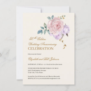 Blumenrosa Lila Gold 50. Hochzeitstag Einladung