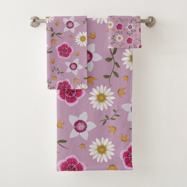 Blumenrosa Moderne Dianthus & Daisy Hand Gezeichne Badhandtuch Set (Insitu)
