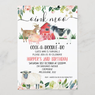 Blumenrosa Moo Farmtiere zum Geburtstag Einladung