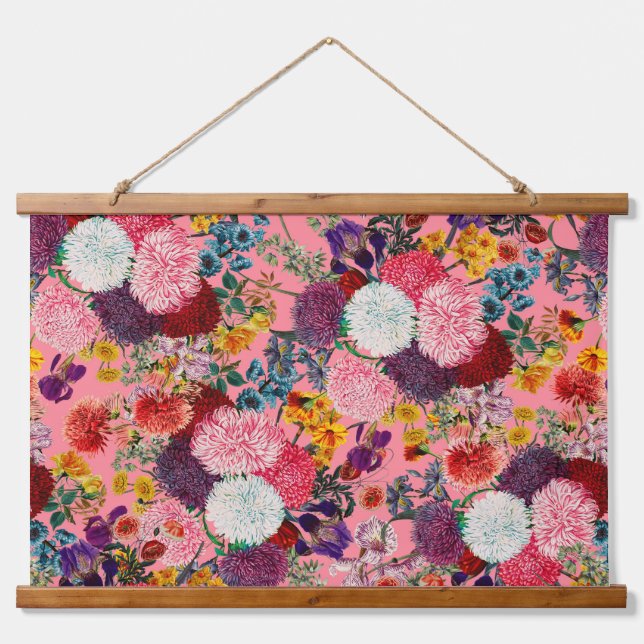 Blumenrosa Muster Wandteppich Mit Holzrahmen (Vorne)