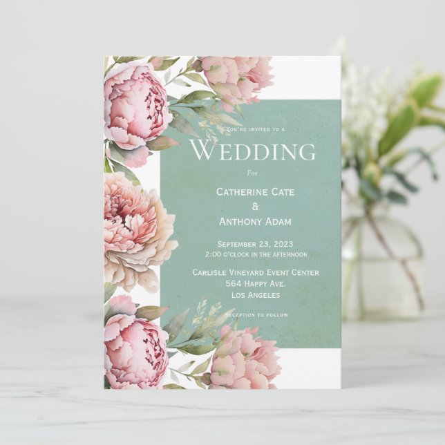 Blumenrosa-Peonies-Hochzeit Einladung (Stehend Vorderseite)