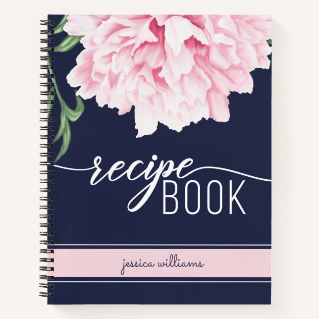 Blumenrosa-Peony-Navy-Rezept Notizbuch (Vorderseite)