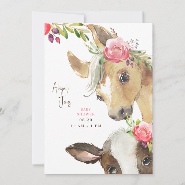 Blumenrosa Pony & Cow II Kinderdusche Einladung (Vorderseite)