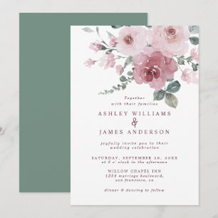 Blumenrosa Rose Burgundy Dusty Green Wedding Einladung