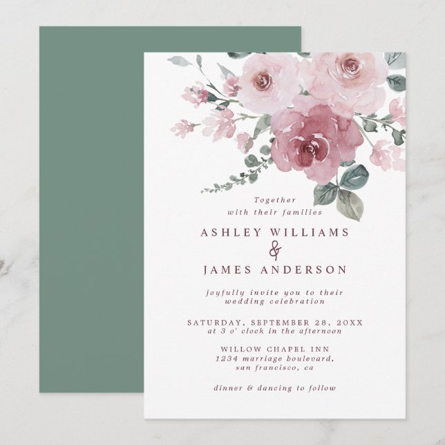 Blumenrosa Rose Burgundy Dusty Green Wedding Einladung (Vorne/Hinten)