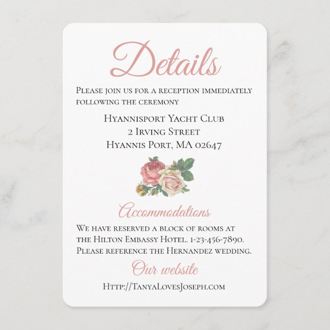 Blumenrosa-Rose-Hochzeitverlauf Details Begleitkarte (Vorderseite)