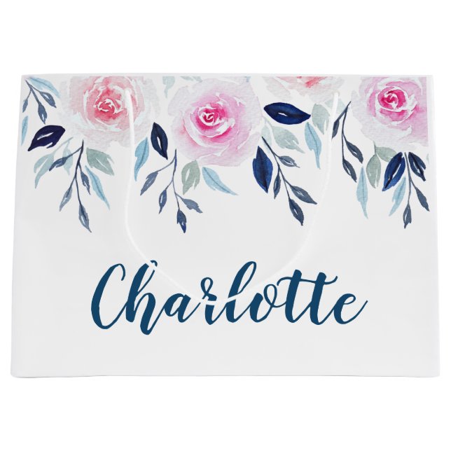 Blumenrosa Rosen Personalisierter Name Große Geschenktüte (Vorderseite)