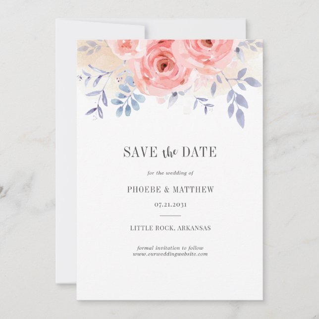 Blumenrosa Rosen Wasserfarben Lilac Folifall Save The Date (Vorderseite)