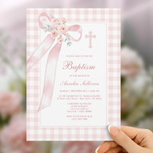 Blumenrosa-Schleife-Gingham-Tauf-Einladung