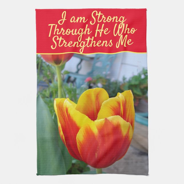 Blumenrosa Tulip Gott Zitat Ich bin stark Geschirrtuch (Vertikal)