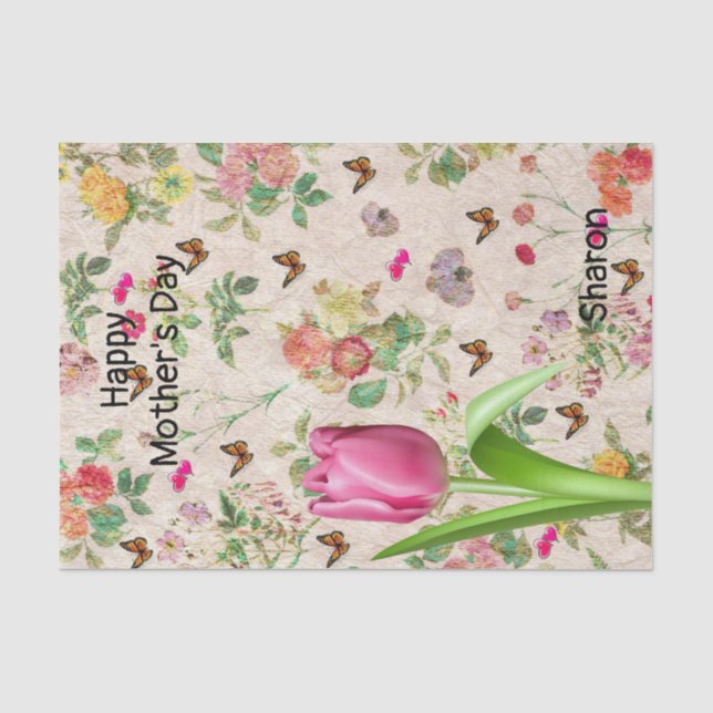 Blumenrosa Tulips Schmetterlingsherzen Seidenpapier (Vorderseite)