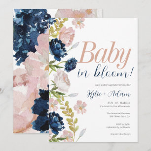 Blumenrosa und Navy Gender Reveal Baby Shower Einladung