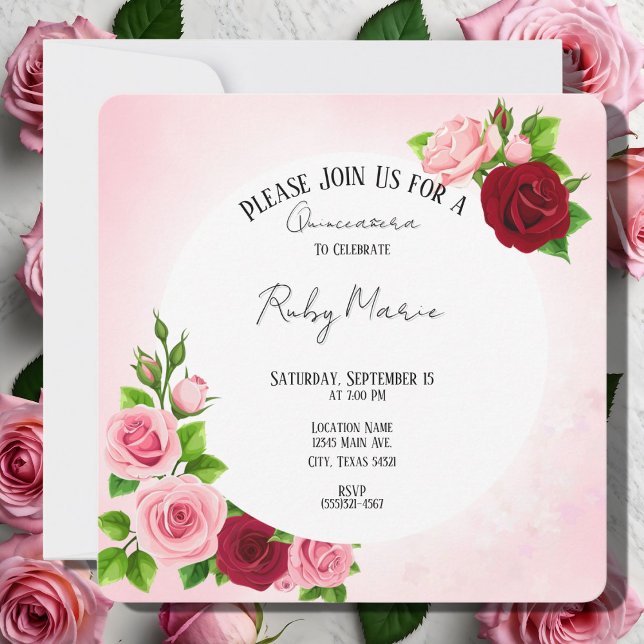 Blumenrosa und Rote Rosen Quinceanera Einladung (Von Creator hochgeladen)