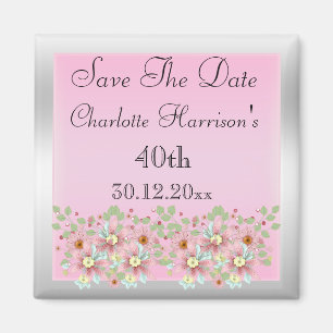 Blumenrosa und Silber Save The Date 40. Magnet