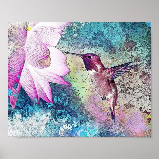 Blumenrosa und Vintager Hummingvogel Kunstdrucken Poster (Vorne)