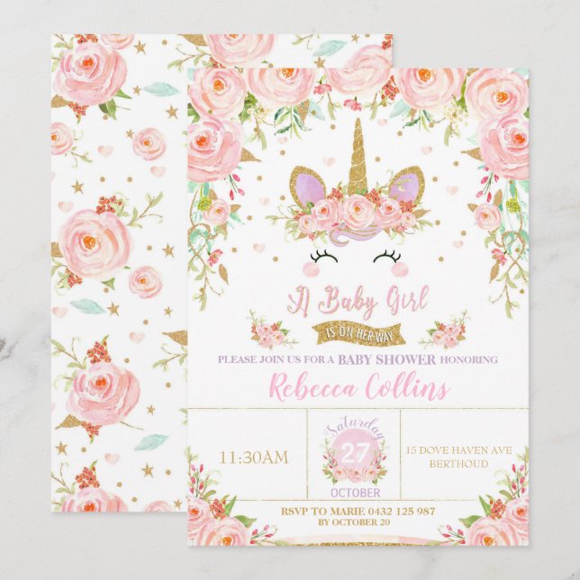 Blumenrosa Unicorn Kinderdusche Einladung Mädchen (Vorne/Hinten)