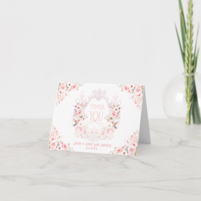 Blumenrosa Wappen Es ist eine Girl Baby Dusche Dankeskarte (Vorderseite)
