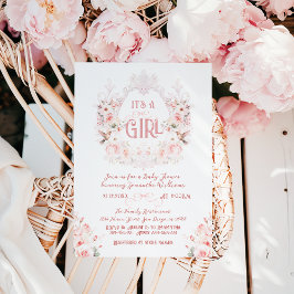 Blumenrosa Wappen Es ist eine Girl Baby Dusche Einladung