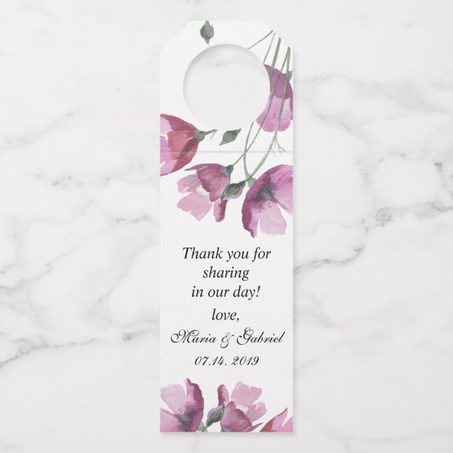 Blumenrosa Wasserfarbendusche Hochzeit Flaschenanhänger (Vorderseite)