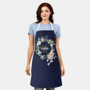 Blumenrosen Monogramm Goldschrift Navyblau Schürze