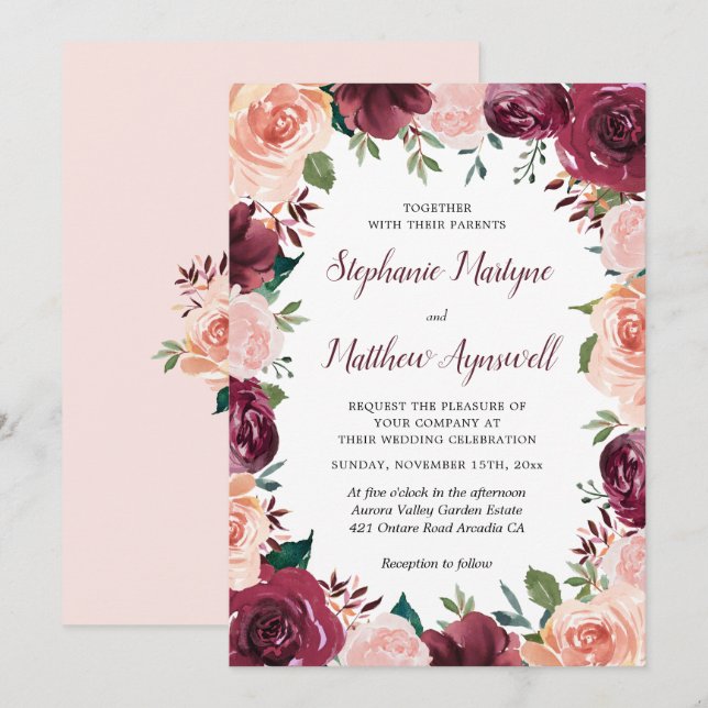 Blumenrot Burgundy Rose Border Wedding Einladung (Vorne/Hinten)