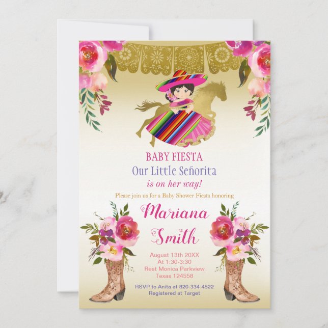 Blumenrot-farbige mexikanische Fiesta Babydusche  Einladung (Vorderseite)