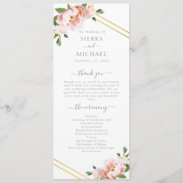 Blumenrot goldene Minnenhülle Grüne Hochzeit Programm (Vorderseite)