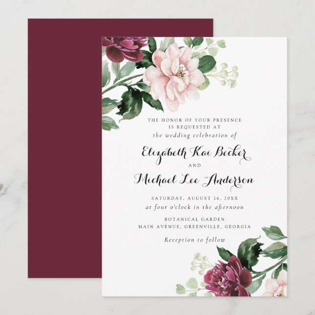 Blumenrot Merlot Grün Elegante Hochzeit Einladung (Vorne/Hinten)
