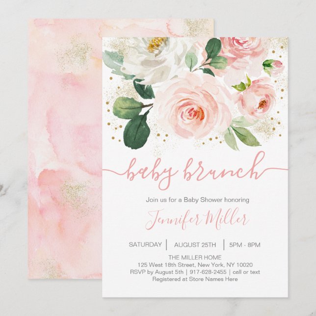 Blumenrot Pink & Gold Baby Dusche Brunch Einladung (Vorne/Hinten)