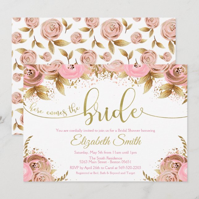 Blumenrot Rosa & Gold Bridal Dusche Einladung (Vorne/Hinten)
