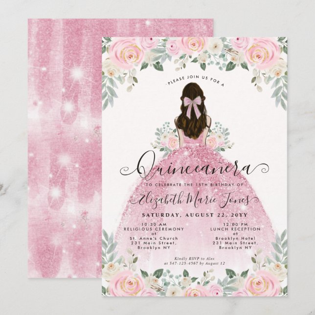 Blumenrot Rosa Kleid 15. Geburtstag Quinceanera Einladung (Vorne/Hinten)