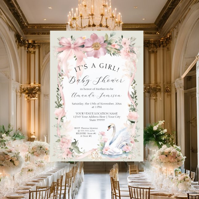 Blumenrot Rosa Ribbon Elegante Schwan Babydusche Einladung (Von Creator hochgeladen)