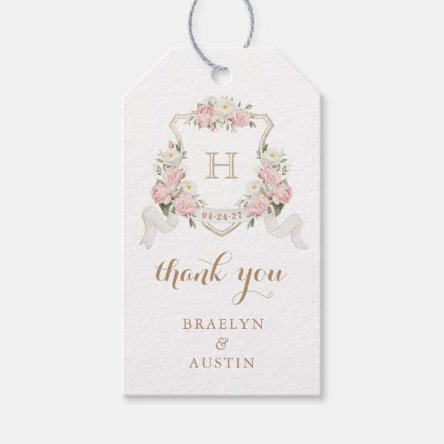 Blumenrot-Rose Wappen Hochzeit Monogram Vielen Dan Geschenkanhänger (Vorderseite)