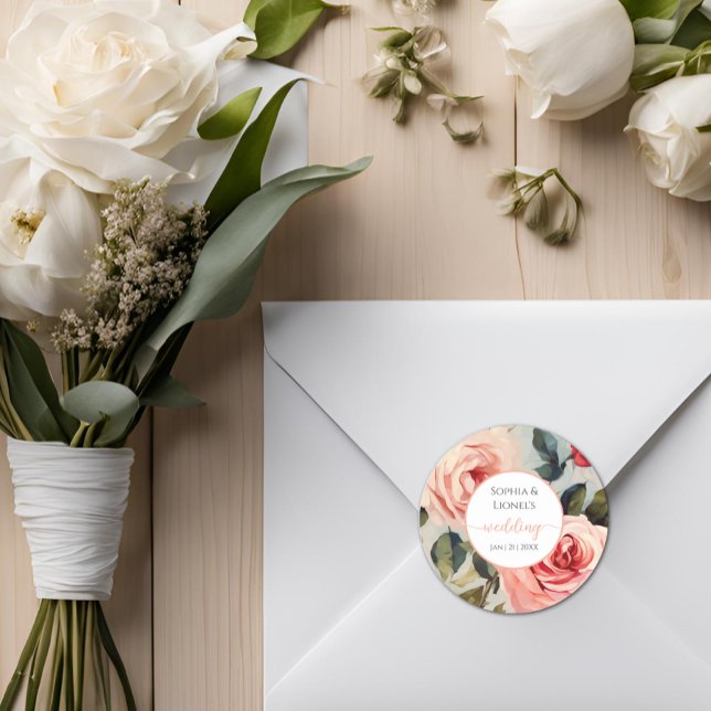 Blumenrot und rosa Blume Klassische Hochzeit Runder Aufkleber (Von Creator hochgeladen)