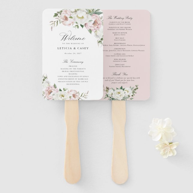 Blumenrot Weißer Peony Elegantes Hochzeitsprogramm Fächer (Vorne und Hinten)