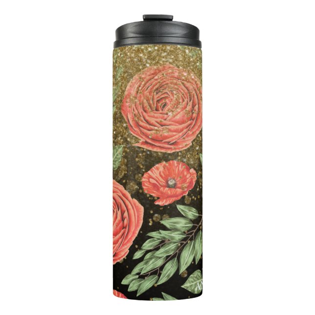 *~* Blumenroter PEONY POPPY Gold Glitzer Thermosbecher (Vorderseite)