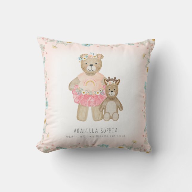 Blumenrotwild-Baby-Geburts-Info-Aquarell des Kissen (Vorderseite)