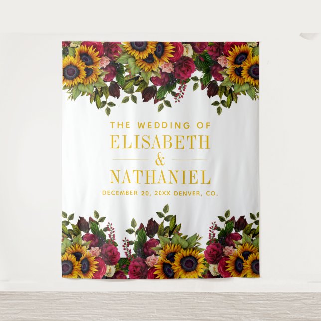Blumenrustikale Hochzeitsstand Foto Kulisse Wandteppich (Vorderseite)