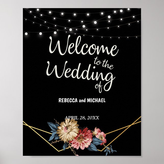 Blumenrustikale Magnolia String Lights Hochzeit Poster (Vorne)